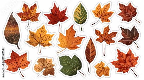 Vibrant autumn leaves stickers in various orange and brown hues