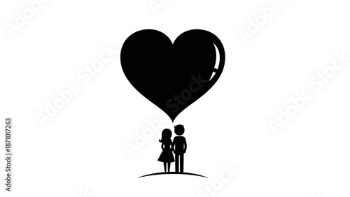 Couple stands under heart-shaped Valentine's Day balloon illustration