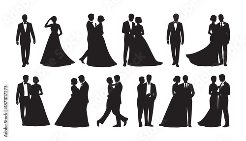 Wedding silhouettes collection vector illustration set includes various bride and groom poses and couple dancing together