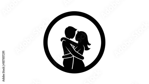 Couple embracing tenderly within a circular frame, simple illustration.