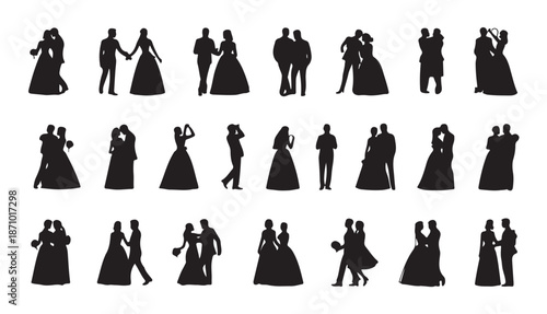 Set of wedding couple silhouettes vector illustrations depicting various romantic poses and activities for marriage ceremony