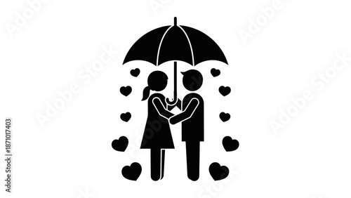 Couple shares umbrella on Valentine's Day with romantic hearts around