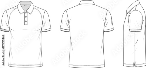 Short-sleeve polo shirt technical sketch, front back side view, collar placket ribbed cuff garment design - flat vector illustration