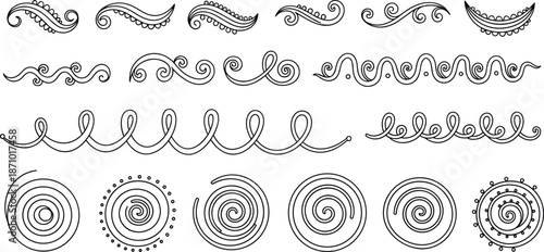 Hand drawn decorative swirl and flourish ornament set with spirals and waves, elegant black outline vector illustration for design elements