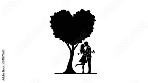 Couple Kissing Under Heart-Shaped Tree on Valentine's Day Night