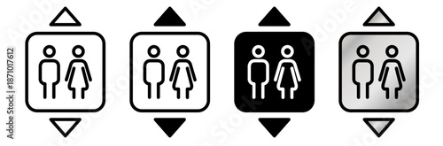 Elevator sign icons set with people silhouettes and direction arrows. Minimal vector illustration suitable for wayfinding, UI and public signage.