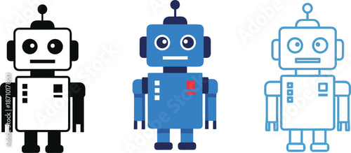 Stylized robot character set, cartoon tech bots, square head, antenna, expressive design, line art variation - flat vector illustration