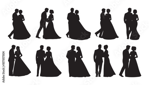 Silhouette set of romantic couples dancing together in various elegant poses and styles