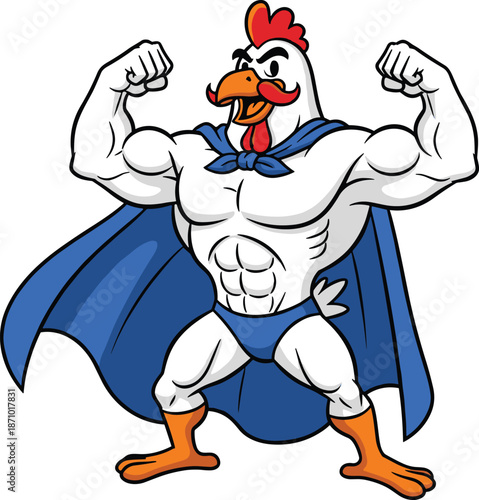 Superhero chicken character flexing muscles, cartoon poultry mascot, confident pose, humorous farm hero theme, flat vector illustration