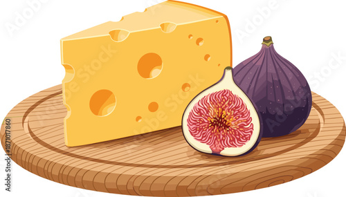 Swiss cheese wedge with figs on wooden board, gourmet appetizer food drawing for culinary design, flat vector illustration