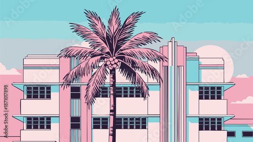 Palm trees along a sunny beach beside modern city buildings
