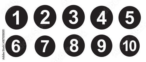 Clean black circular icons with white numbers one to ten, ideal for illustrating sequential steps, lists, or ranking information visually