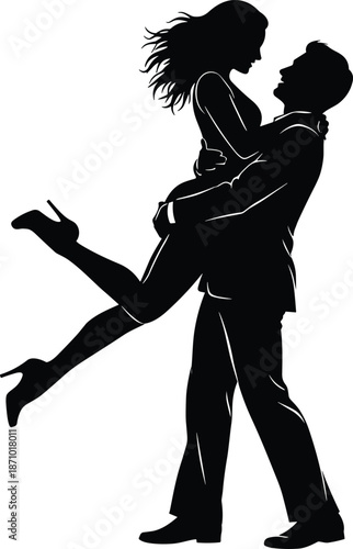 Romantic couple silhouette with man lifting woman in joyful embrace, elegant black vector illustration for love, relationship, Valentine, and wedding designs