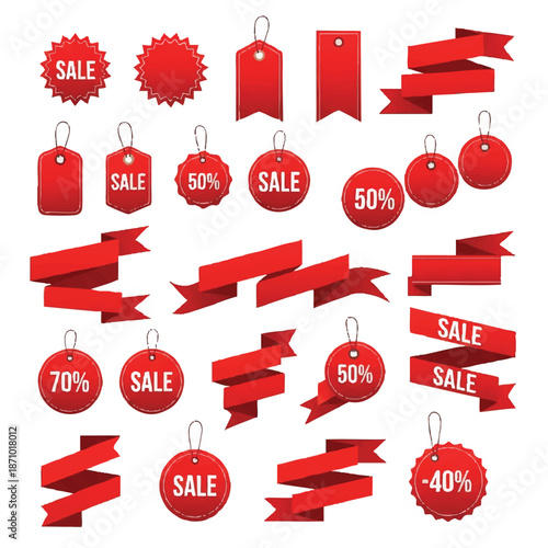 Collection of Red Sale Tags and Ribbons for Promotions.