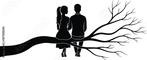 Romantic couple silhouette sitting on tree branch, peaceful love moment black vector illustration for relationship, nature, and emotional storytelling designs