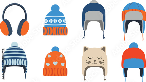 Winter headwear collection, cartoon hats and earmuffs, cozy seasonal accessories for kids, fashion elements set, flat vector illustration