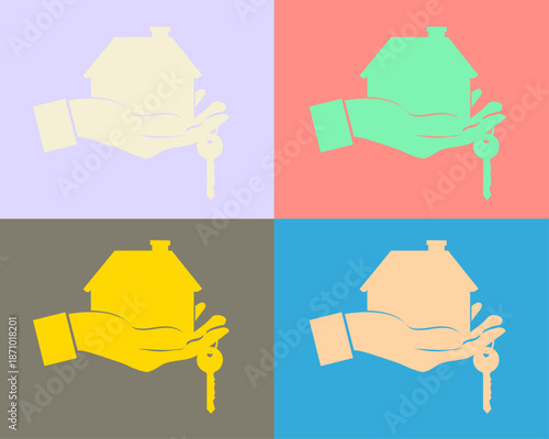 Buying house. Agent of real estate holding in hand house, key. Deal sale and purchase of real, concept. Vector illustration. 