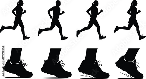 Running biomechanics silhouette set, human stride and foot motion stages for sports science and training, flat vector illustration