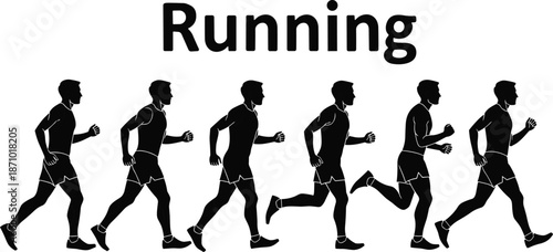 Running motion silhouette sequence, athletic movement stages, human biomechanics and sports training concept, flat vector illustration