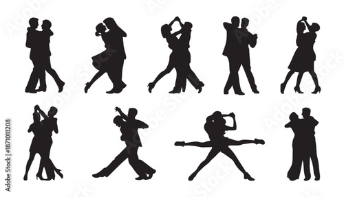 Collection of elegant couple dancing silhouettes in various partner dance poses and styles ballroom tango latin