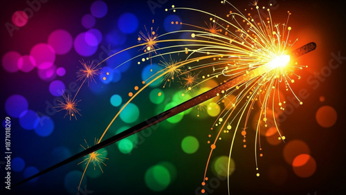 Vibrant sparkler emits bright sparks against a colorful bokeh background with a dark vignette effect adding depth and warmth