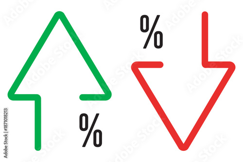 Simple graphic depicting economic changes, showcasing upward green arrow for growth and downward red arrow for decline in metrics