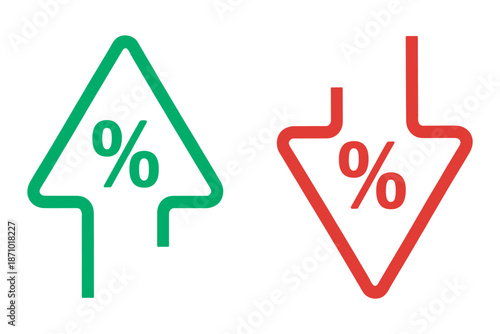 Dynamic green up and red down percentage arrows illustrating market trends, financial statistics, economic fluctuations, and data analysis
