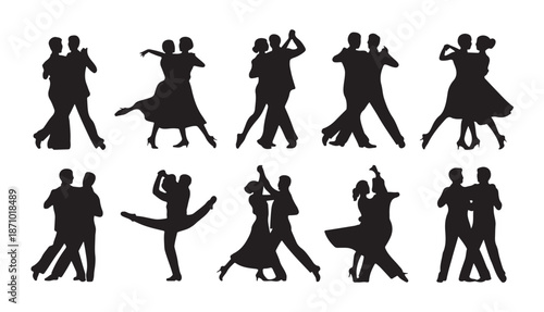 Set of classic partner dance silhouettes showing elegant ballroom and romantic latin couple poses and styles