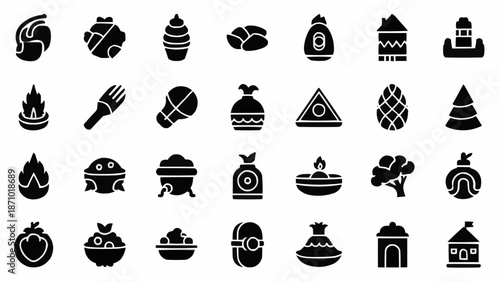 Collection of diverse food and object icons in black silhouette.