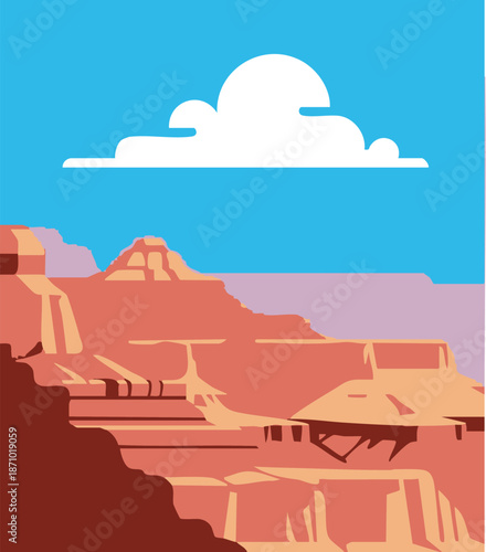A simple vector illustration of a rock in the desert under an orange sky with clouds and a sunset on the horizon