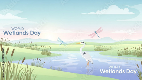 World wetlands day illustration with heron standing in shallow water surrounded by cattails and dragonflies flying overhead in a serene natural landscape
