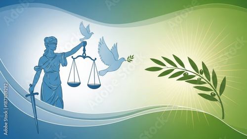 Justice and peace concept with lady justice holding scales and sword alongside dove and olive branch on gradient background with law and fairness