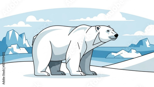 A large white polar bear stands on snowy ground with icebergs and mountains in the background under a cloudy sky with snowy landscape and mountain range