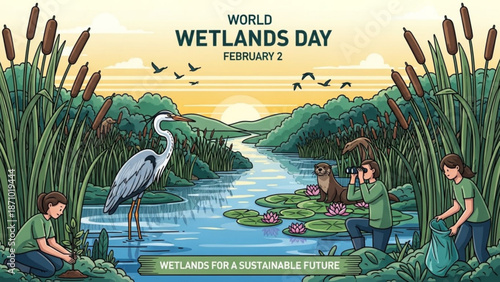 World wetlands day illustration with people planting trees and observing wildlife in a serene natural wetland environment with a heron and otter