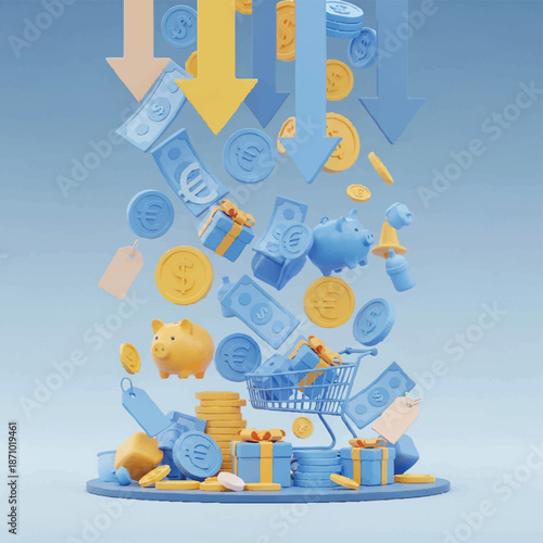 Money Falling Down with Piggy Banks and Shopping Cart.