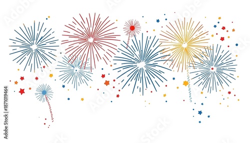 A vibrant illustration of colorful fireworks exploding in the night sky with stars and sparks