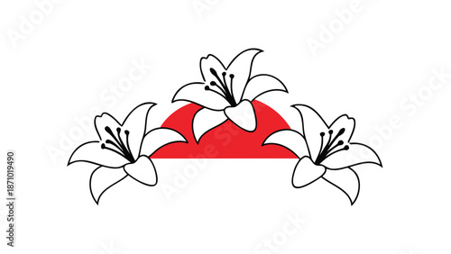 Vibrant floral design with white lilies and red sun