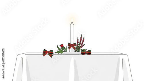 Festive holiday table setting with white tablecloth decorated plaid bows and candlelight with christmas