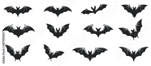 Collection of silhouettes of bats in various flying poses against a white background