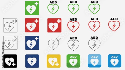 Emergency defibrillator AED AID CPR location signs Stop safety first life icons Vector staff medical logo symbol Automated externalicon label icon Medic bag kit station inside for resuscitation doctor