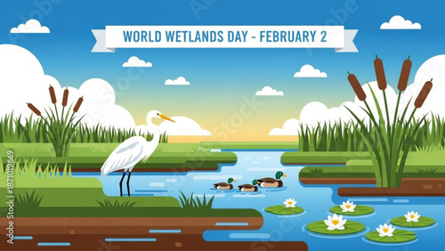 World wetlands day illustration with serene wetland landscape featuring white heron ducks and lily pads under sunny blue sky with cattails and peaceful