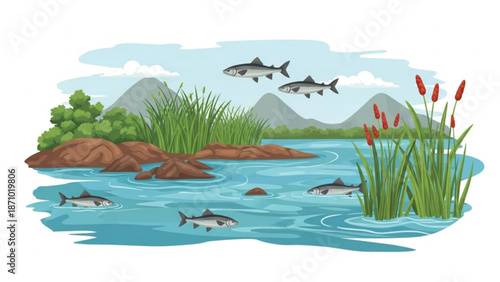 A serene lake scene with fish swimming in the water and jumping out surrounded by lush greenery and majestic mountains under a cloudy sky with nature
