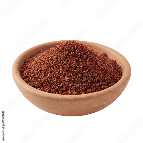 A Close up Shot of Vibrant Reddish brown Sumac Spice Powder Neatly Piled in a Rustic Terracotta Bowl, Isolated on a Stark Black Background