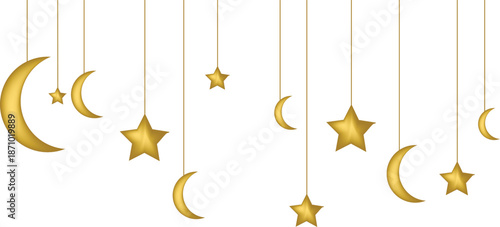 Minimalist hanging gold crescent moons and stars background on white. Elegant vector decoration for Ramadan Kareem, Eid Al-Fitr, or celestial-themed designs