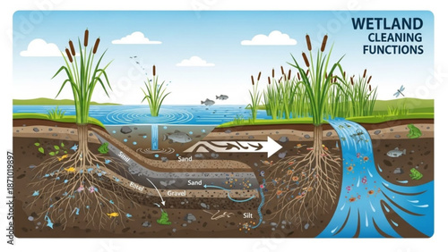 Wetland ecosystem with cattails illustrating natural water filtration and purification processes in a serene landscape with environment and ecological