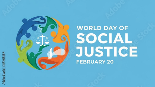 World day of social justice illustration with diverse people and scales on globe with equality and diversity and inclusion and human rights and fairness