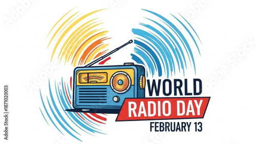 Vibrant world radio day illustration with retro radio and colorful waves on white background for february 13 celebrations with vintage radio