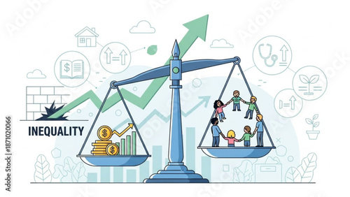 Wealth disparity concept with people on scales balanced against money and growth chart with inequality and economic inequality and social issue