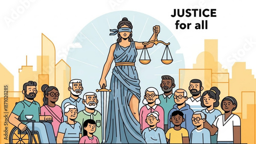 Diverse group of people standing together with lady justice in a cityscape background representing equality and fairness for all with diversity