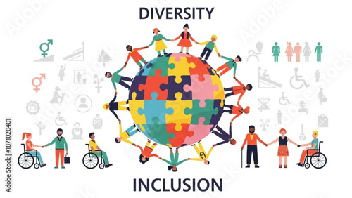 Diverse people with disabilities and different ethnicities come together in unity and solidarity forming a human chain around a colorful puzzle globe